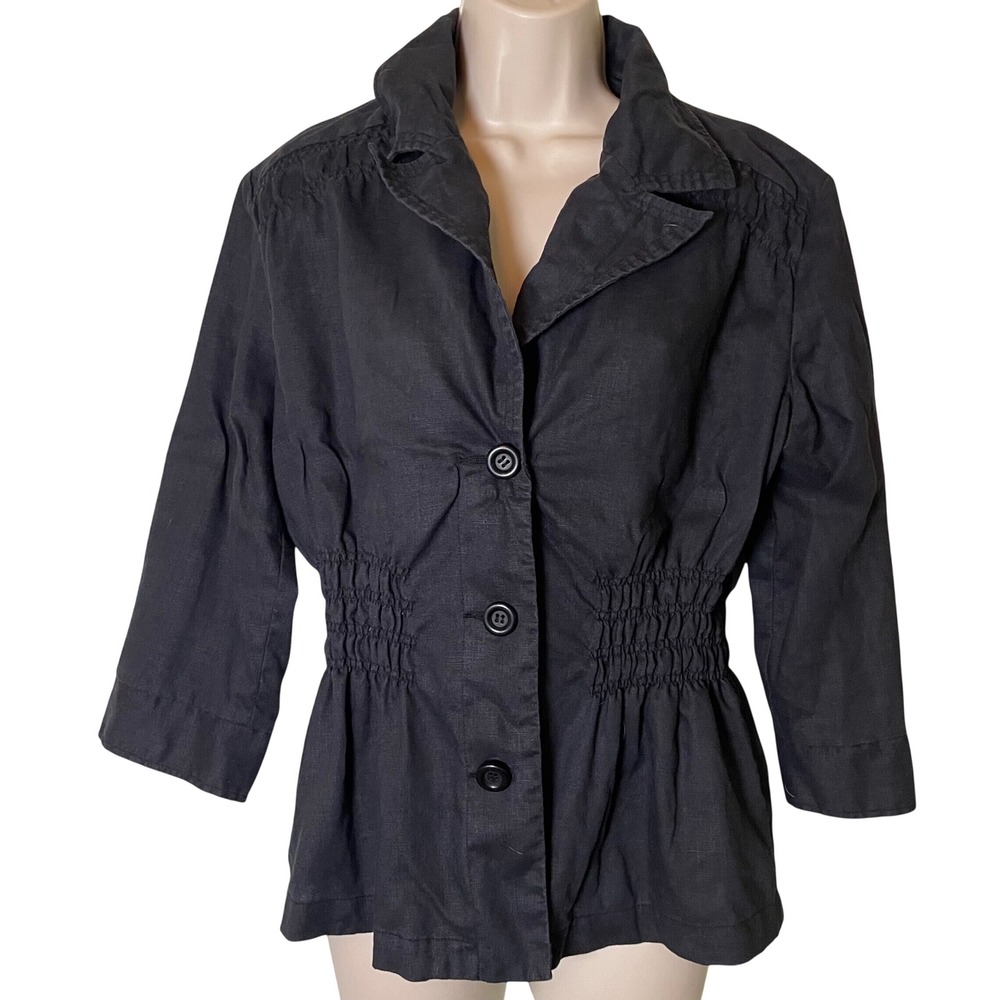 Multiples Women 100% Linen Blazer Jacket Size Large Smocked Waist Button Front